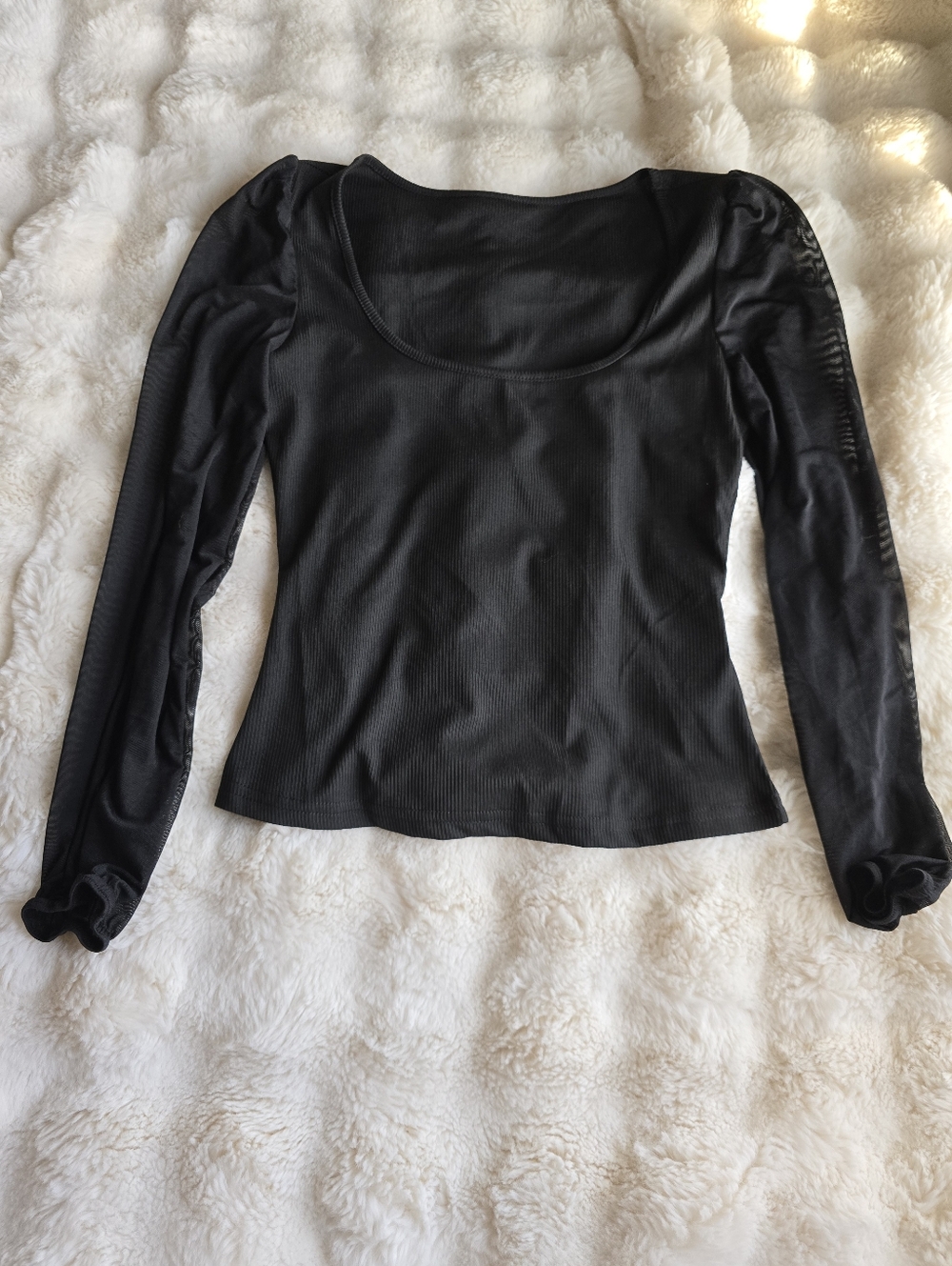 Black Mesh Long Sleeve Scoop Neck Ribbed Top